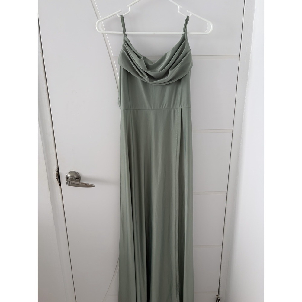 Faeriesty Sage Green Cowl Neck Satin Maxi Gown Bridesmaid Dress Medium
